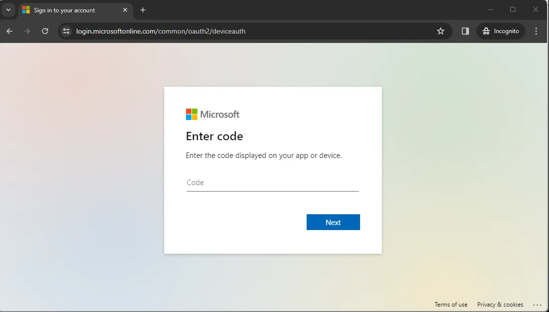 First Device Code Phishing Website